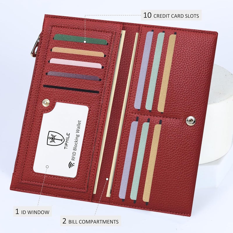 Tipmile Slim Wallet for Women, RFID Blocking Credit Card Holder, Ladies Bifold Wallet with Zipper, Wine Red - Image 4